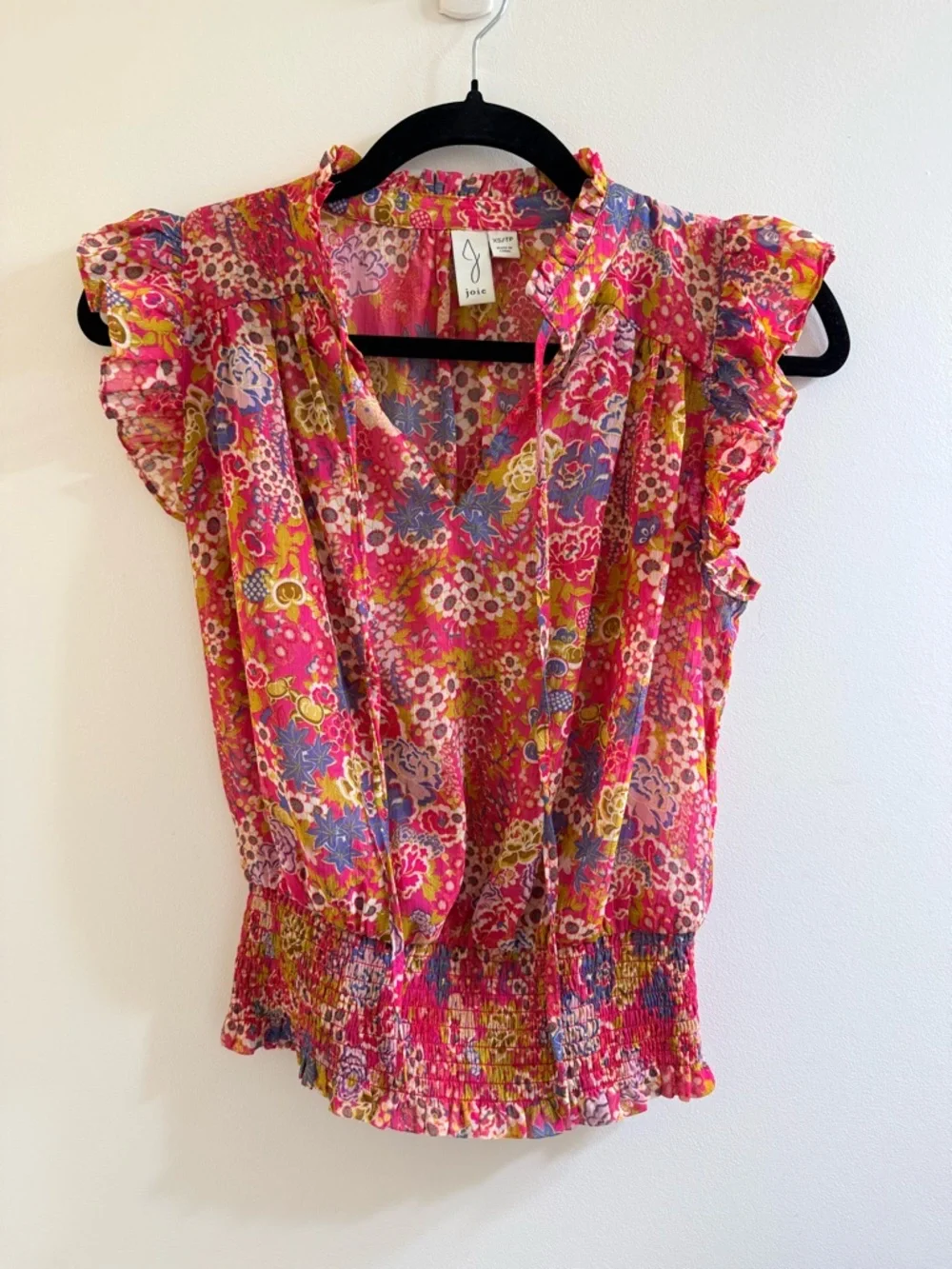 Joie Pink Floral Sheer Ruffle Sleeve Blouse - Smocked Waist - Size XS/TP
